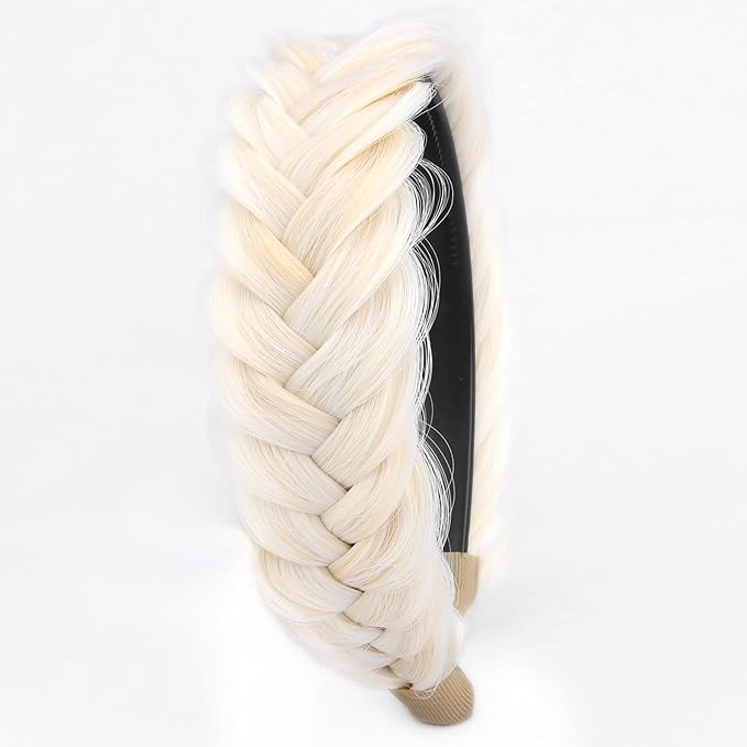 DIGUAN Wide Messy Braided Headband With Teeth Synthetic Hair Plaited Headband High Elasticity Braids Chunky Fishtail Braided Hair Band Hairpiece for Girls Women (Warm White)