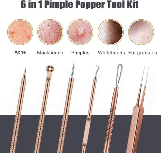 Pimple Popper Tool Kit, 6 Pcs Blackhead Remover Acne Needle Tools Set Removing Treatment Comedone Whitehead Popping Zit for Nose Face Skin Blemish Extractor Tool - Rose Gold