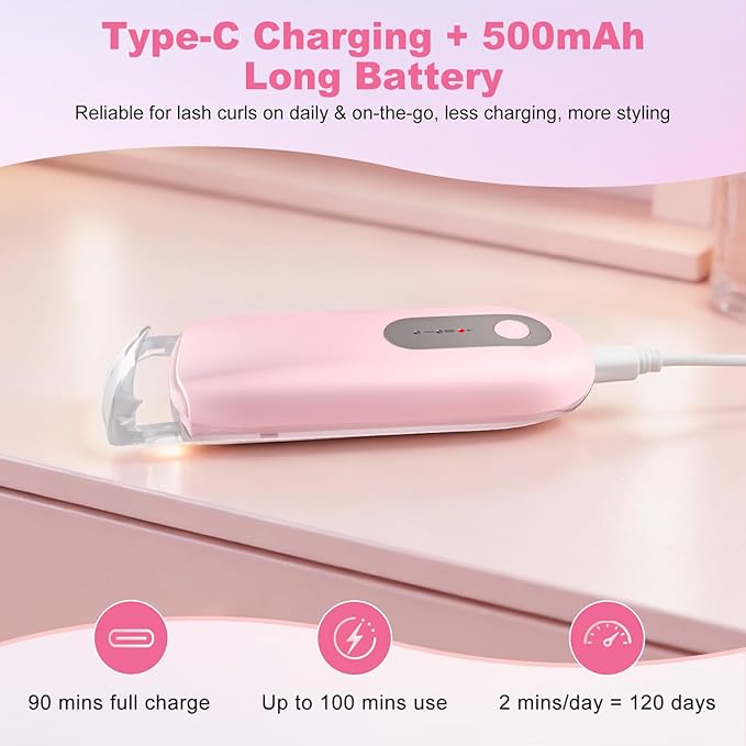 Visible Heated Eyelash Curler, Rechargeable Electric Eyelash Curlers 10S Fast Heat, Safe Anti-Burn Mini Heat Eye Lash Curler 24Hrs Long Lasting Natural C Curl Lashes (Pink)