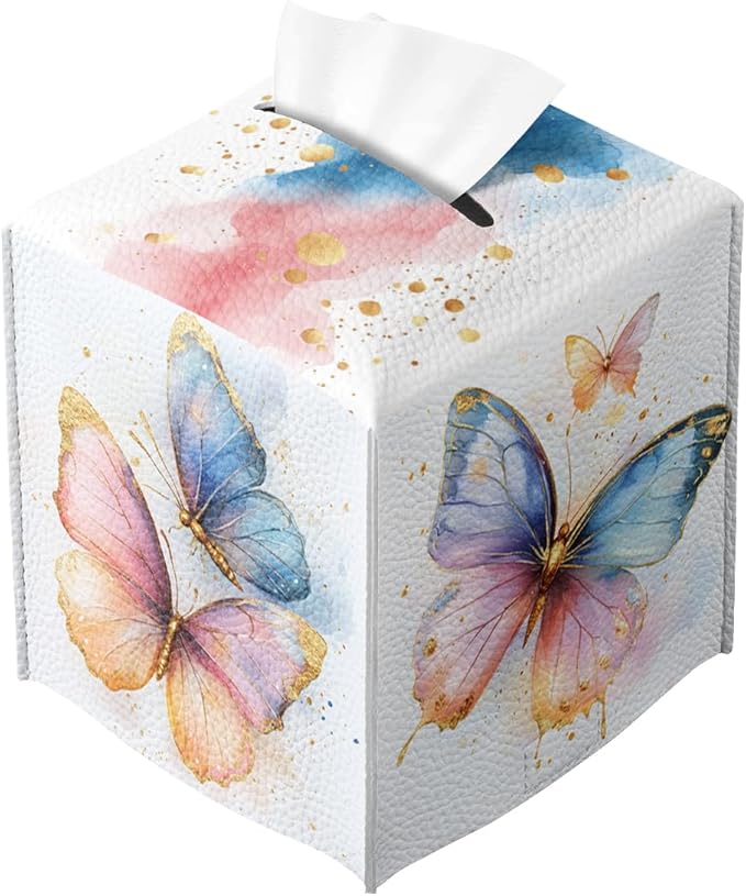 Butterfly Tissue Box Cover Metallic Gold Accents Blue Orange Wing Art Square PU Leather Waterproof Tissue Box Holder for Car Bathroom Bedroom Office Tabletop Decor