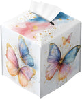 Butterfly Tissue Box Cover Metallic Gold Accents Blue Orange Wing Art Square PU Leather Waterproof Tissue Box Holder for Car Bathroom Bedroom Office Tabletop Decor
