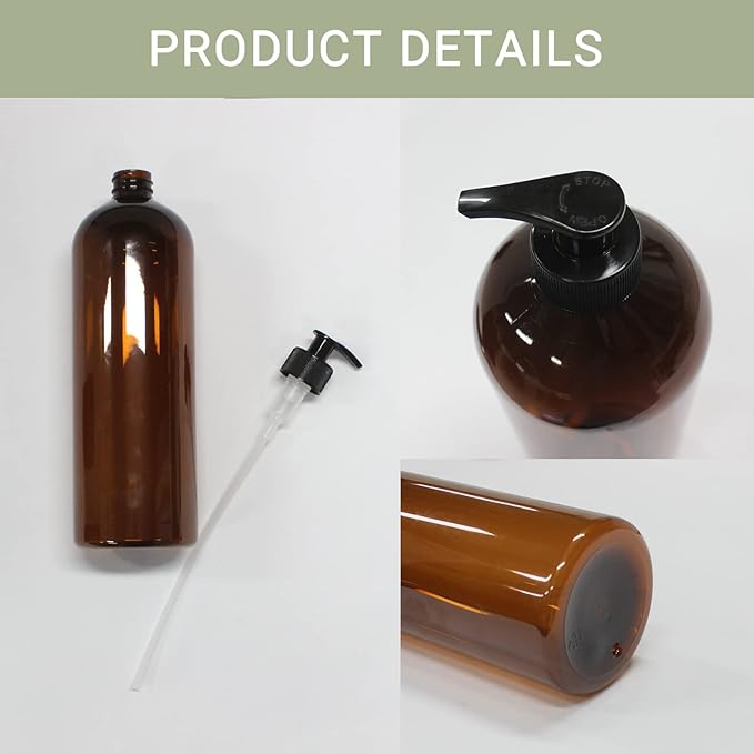 4 Pack 32 OZ Empty Plastic Pump Bottles With 1 Pen, Labels & Silicone Funnel, Amber Empty Shampoo Bottles with Pumps For Body Wash, Shampoo, Massage Lotion, Gel