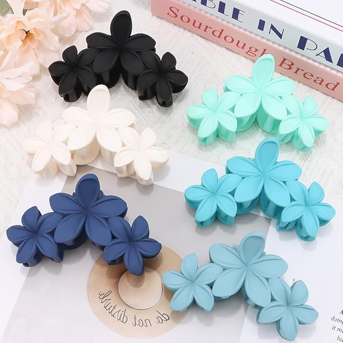 Ahoney 6PCS Blue Flower Hair Clips for Women Strong Hold Nonslip, Big Flower Claw Clip for Thick Hair, Hawaiian Cute Hair Clips Beach Hair Accessories for Women Girls