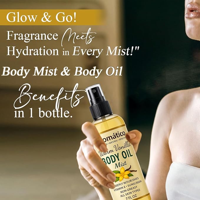 Warm Vanilla Body Oil Mist for Women – 7 fl oz | Lightweight, Non-Sticky, Spray-on formula for Daily use After Shower | Moisturized, Soft, Glowing Skin | Cozy, Creamy Vanilla Scent