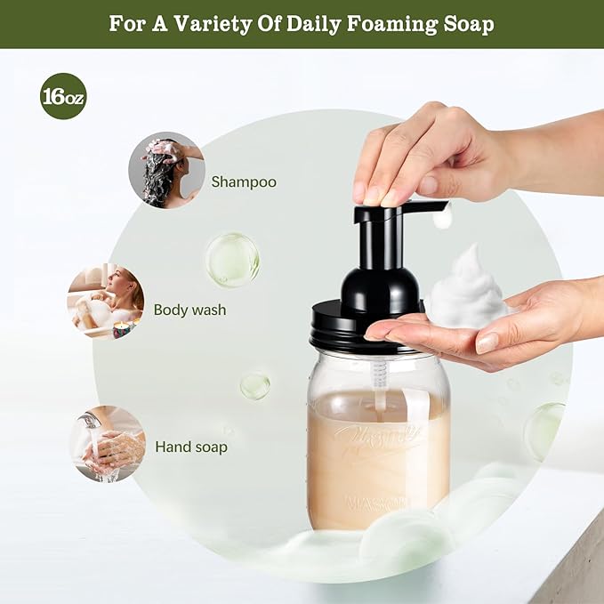 Amolliar Plastic Mason Jar Foaming Soap Dispenser with Pump Lid,16OZ Refillable Hand Soap Dispenser with Cute Lables, Farmhouse Decor for Kitchen/Bathroom, Lotion Dish Soap (1 Pack, Black)