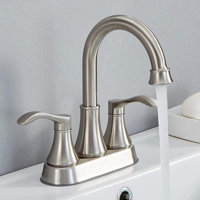 Lead-Free Commercial 2-Handle Brushed Nickel Bathroom Sink Faucet, 360° Swivel High-Arc Spout 4 Inch Centerset Lavatory Vanity Faucets Set for Bathroom Sink with Drain & Water Hoses, VLS10003BML-1