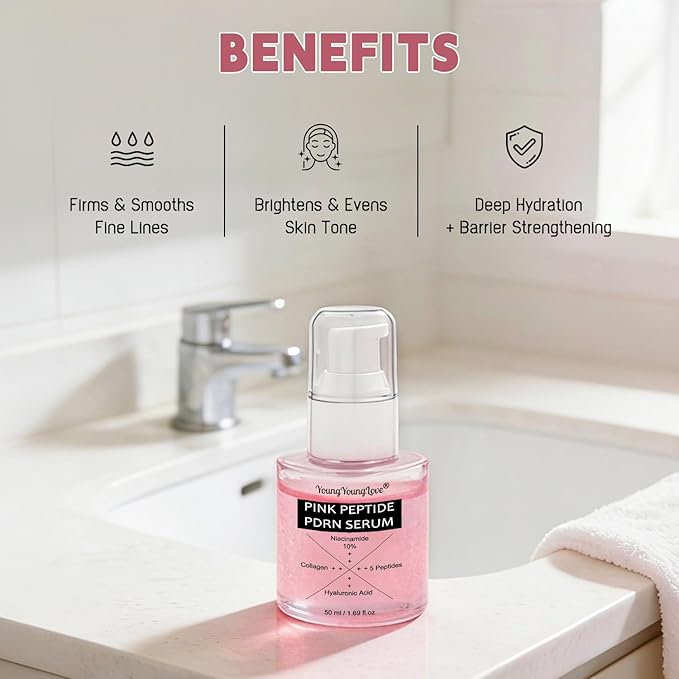 Pink Collagen Peptide PDRN Serum with 5-Complex Peptides, 10% Niacinamide & Hyaluronic Acid for Skin Firming, Moisturizing, Boosting & Calming, Uneven Tone, Pore Minimizing & Anti-Aging, 1.69 oz