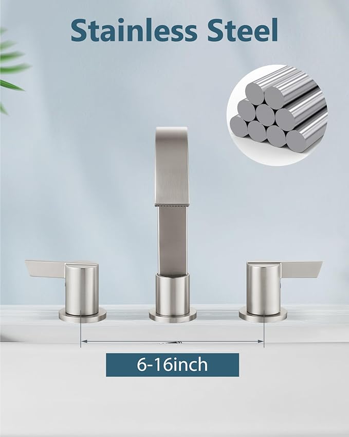 Aolemi Bathroom Faucets 3 Hole,8 Inch Widespread Waterfall Bathroom Sink Faucet,2 Handles Vanity Faucet with Pop-up Drain and Supply Hose,Brushed Nickel