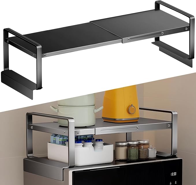 (17-31.5 inches) Adjustable Refrigerator or Washer Top Storage Rack - Expandable Organizer Shelf, L-Shaped Protective Card Slot Design for Kitchen, Laundry Room, Dorm -Durable Metal Space Saver-Large