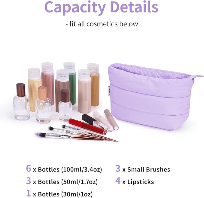 Narwey Travel Makeup Bag for Women Girl, Puffer Makeup Up Organizer Bag Cosmetic Bag, Puffy Cute Makeup Pouch Purse, Travel Toiletry Bag (Pruple)
