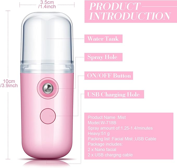 Honoson 2 Pack Nano Facial Mister Spray Bottle Handheld Humidifier Portable Face Mister for Eyelash Extensions USB Rechargeable 1 oz Mini Skin Care Machine for Daily Makeup(Black and Pink)