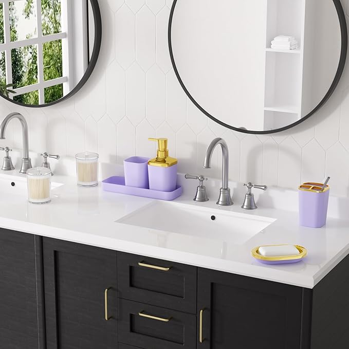 Purple Bathroom Accessories Set, Purple and Gold Bathroom Accessories with Trash Can, Soap Dispenser, Soap Dish, Toothbrush Holder and Q-tip Holders