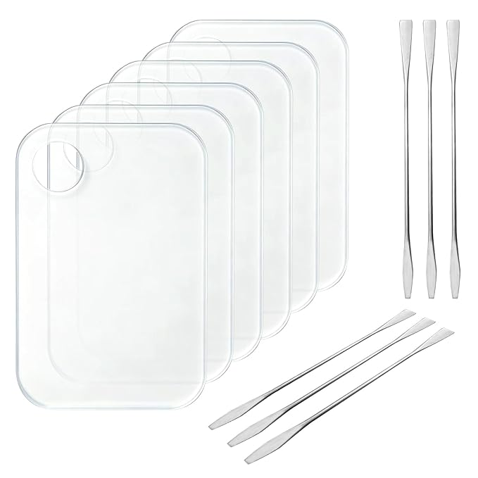 WCHOSOZH 6Pcs Acrylic Makeup Mixing Palette, Makeup Tray with 6 Metal Spatula Tool Set, Clear Foundation Mixing Palette for Beauty Cosmetic Color Liquid Artist Pigment Blending