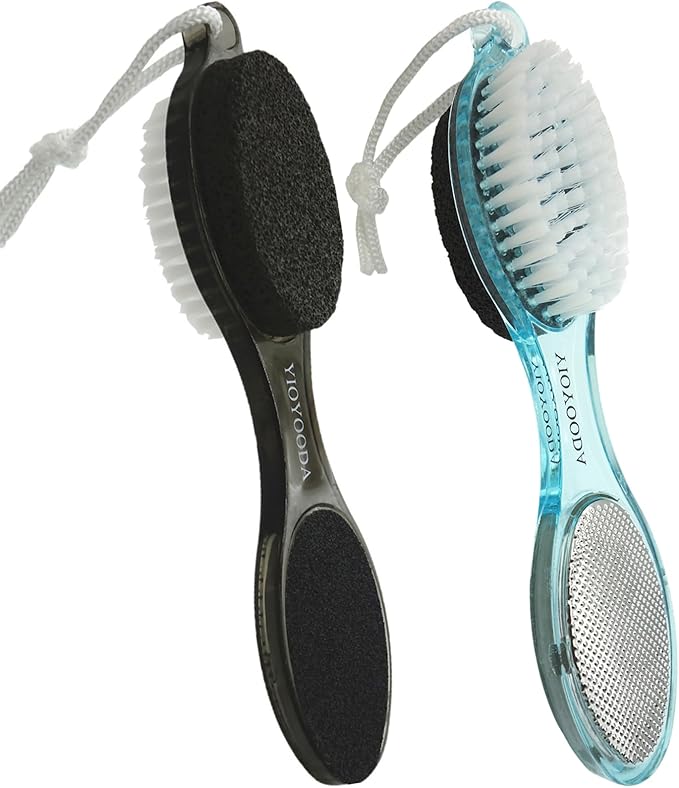 Foot File Callus Remover 4-in-1, Feet Scraper Pedicure Tools with Pumice Stone, Scrubber Brush, Foot Rasp and Sand Paper, Double Sided Multi Purpose, Clear Black and Blue