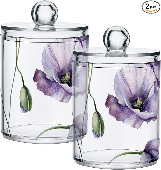2 Pack Qtip Holder Dispenser for Cotton Ball Watercolor Flowers Purple Poppies Cotton Swab Round Pads Clear Plastic Acrylic Jar Set Bathroom Canister