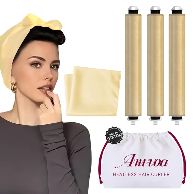 Heatless Hair Curler Heatless Curls Overnight Heatless Blowout with Luxury Cloth Bag Silk Scarf, Curling Rod Headband to Sleep in No Heat Curling with (Gold, 3Rods)