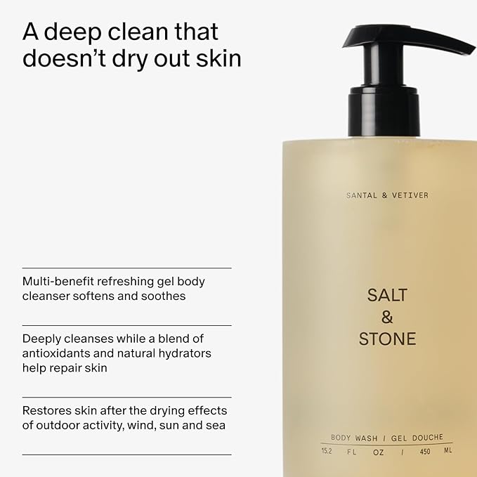 Salt & Stone Body Wash with Antioxidants for Deep Moisture | For Women & Men, Sulfate, Paraben, & Dye Free, Leaving Skin Soft and Hydrated | Santal & Vetiver 15.2 fl oz