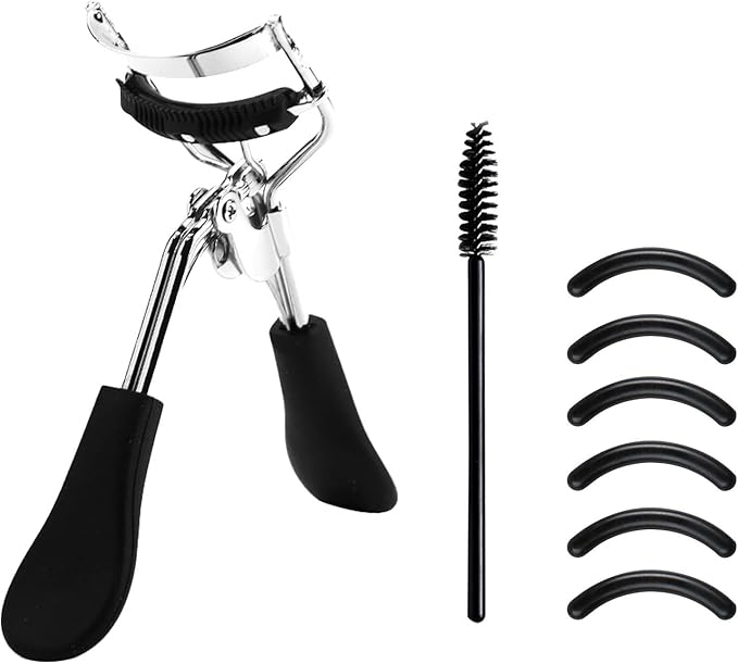 Eye Lash Curler with 6PCS Extra Replacement Strips, Professional Makeup Tool for Eyelashes, Easy & Comfortable to Grip and Use Metal Eyelash Curler(Color:Black)