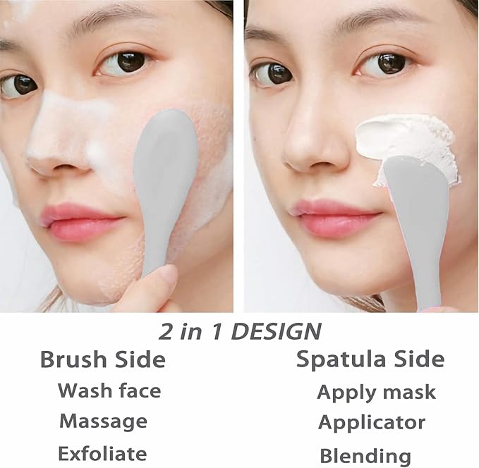 Silicone Face Mask Brush, Soft Facial Cleansing Scrubber, 2 Pcs Double-End Facial Mask Brush for Mud, Clay, DIY, Skincare Applicator Tools (Khaki and Grey)