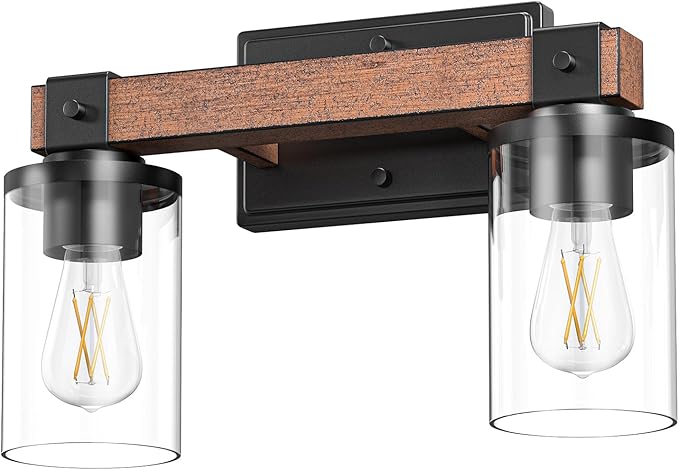 EDISHINE Farmhouse Vanity Lights for Bathroom, 2-Light Bathroom Vanity Light Fixtures Over Mirror, Painted Wood Bath Wall Sconces Lamp with Clear Glass Shade for Bedroom, Powder Room