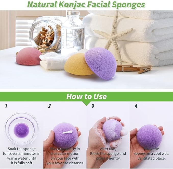 Organic Konjac Cleansing Facial Sponges Set - Gentle Exfoliating Konjac Sponge Scrubbers for Face Body Washing with Activated Charcoal, Natural Skincare Tools for Oily Dry Combination Sensitive Skin