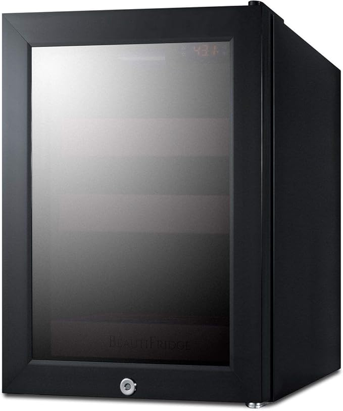 Summit Appliance LX114LPT1 BeautiFridge Compact Cosmetics Cooler, 0.85 cu.ft Capacity, 14" Wide, Automatic Defrost, LED lighting, Factory Installed Lock, Adjustable Shelves In A Matte Blush Finish