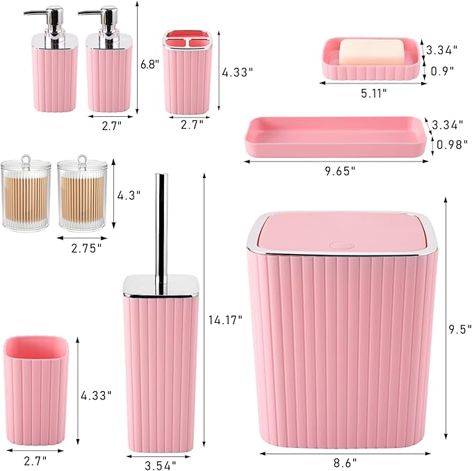 Pink Bathroom Accessories Set - Gorgeous Bathroom Set, 10PC Bathroom Accessory Set, Toilet Brush, Trash Can, Qtip Holder & Soap Dispenser