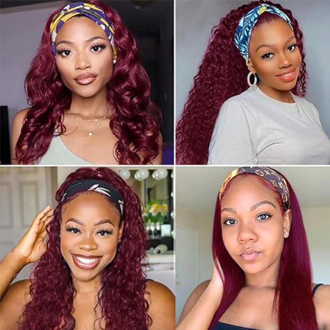 XSY Headband Wig Human Hair Deep Wave 99J Red Burgundy Human Hair Headband wigs for women Glueless None Lace Front Wig Machine Made 150% Density 22 Inch