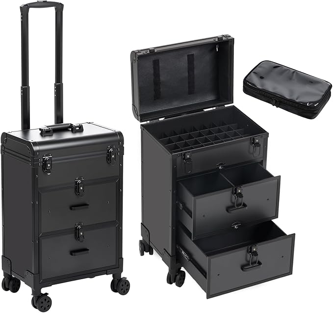 3 in 1 Rolling Makeup Case, Professional Cosmetology Case on Wheels with 2 Drawers, Ideal Gift for Hairstylist, Nail Techs, 3 Tiers Portable Beauty Organizer Case for Travel or Salon Use, Black