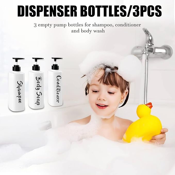 16.9oz Shampoo and Conditioner Dispenser Set of 3-Printed Shower Soap Dispenser Plastic Shampoo Bottles Refillable with Pump - Shampoo Conditioner Body Wash Dispenser for Bathroom Shower Wall