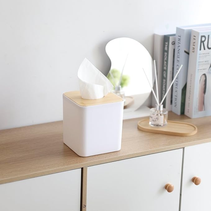 Square Tissue Box Cover,White Tissue Box Holder,Bamboo Facial Cube Box Cover for Storage on Bathroom Vanity, Countertop, Bedroom Dresser