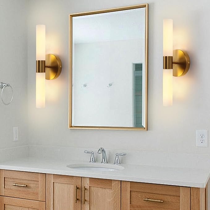 Wall Sconces Set of Two, Brass Gold Bathroom Sconces Wall Lighting with White Glass, Modern Sconces Wall Decor Set of 2 Wall Light fixtures for Bathroom Mirror Living Room Hallway Wall Lamp