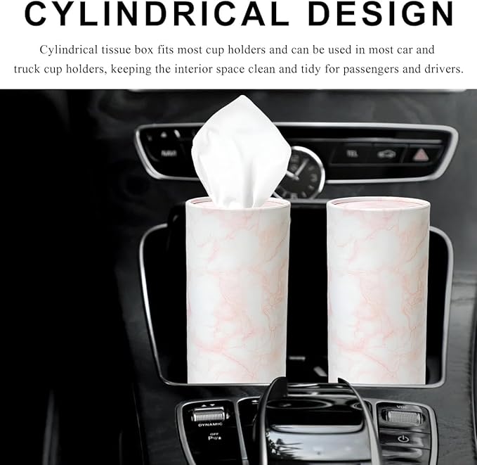 4PCS Car Tissue Holder, Car Cup Holder Convenient Travel Tissue Tube Box with Facial Tissues, Portable Round Tissues Holder Paper Towel Cylinder for Car Home Office (Marble Pink)