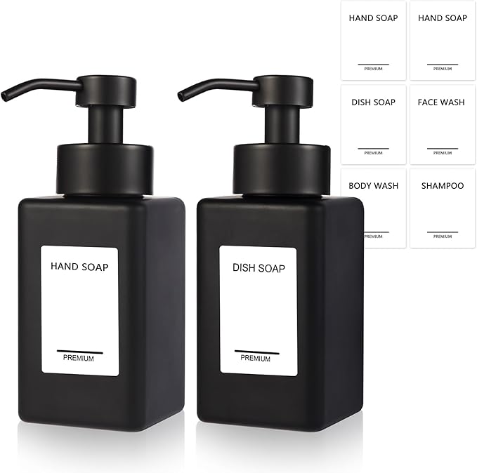 Black Foaming Hand Soap Dispenser 2 Pack,12oz/350ml Glass Foaming Soap Dispenser Set with Stainless Steel Pump, Square Refillable Foam Pump Bottles for Bathroom&Kitchen,Includes 6 Labels