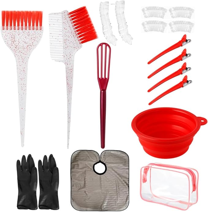 Hair Dye Color Brush and Bowl Set, Color Bowl Brushes Tool Mixing Bowl Kit Tint Comb for Hair Tint Dying Coloring Applicator (Gray&Red)