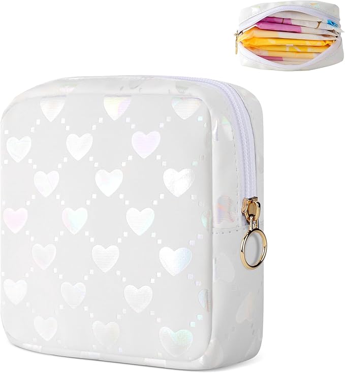 Period Bag Pouch, Leather Sanitary Napkin Storage Bag for Girls Womens, Portable Sanitary Napkin Period Pad Pouch Bag for Purse, Small Make Up Bags(White LOVE)