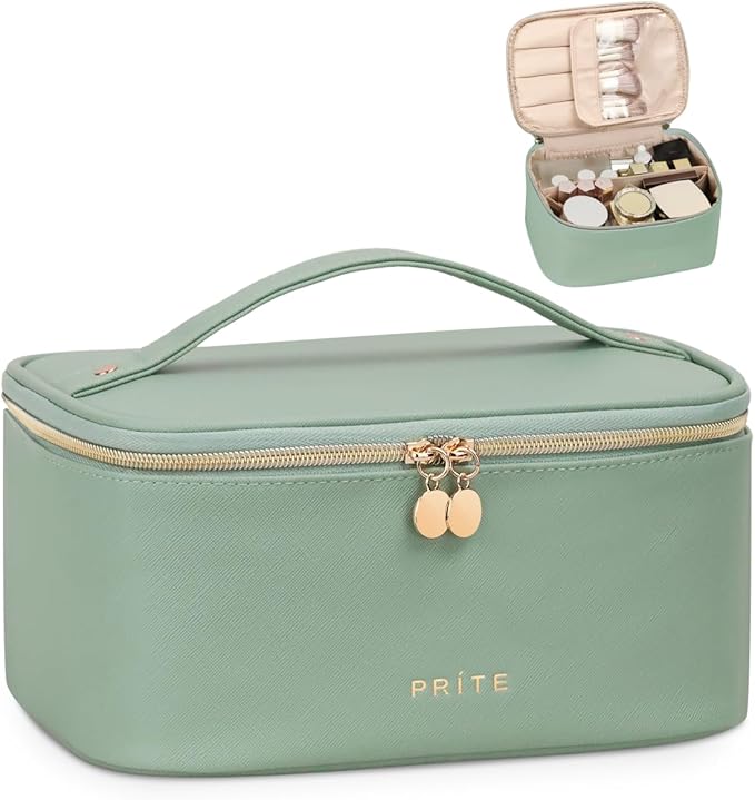 Prite Makeup Bag, Large Capacity Portable Travel Cosmetic Bag, Waterproof Makeup Organizer for Women with Handle and Divider (001 Green)