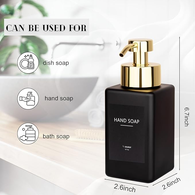 Foaming Soap Dispenser with Stainless Steel Pump, 12oz Refillable Glass Liquid Dish Soap Bottles for Bathroom, Kitchen Sink, Home Decor