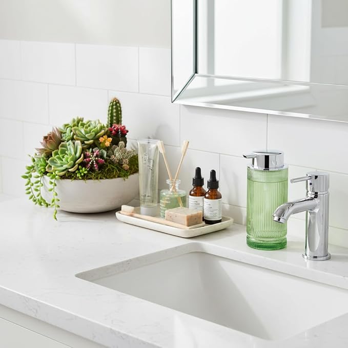 14 Oz Foaming Soap Dispenser, Green Glass Soap Dispenser, Refillable Foam Pump Bottle Lotion Container with Silver Pump, Decorative Slim Ribbed Bottle for Bathroom and Kitchen Decor