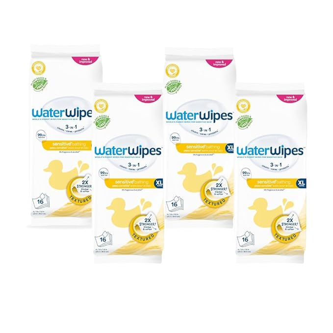 WaterWipes Sensitive+ Bathing Wipes, 3-In-1 Cleans, Cares, Protects, 99.9% Water, Unscented & Hypoallergenic, 16 Count (Pack of 4)
