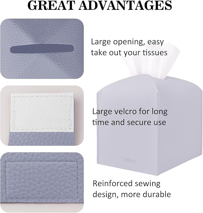 Tissue Box Cover Holder Square Tissue Cube Cover PU Leather Tissue Organizer with Bottom Belt for Bathroom, Tabletop, Car, Night Stands, Office, Home, Kitchen (2, Violet)