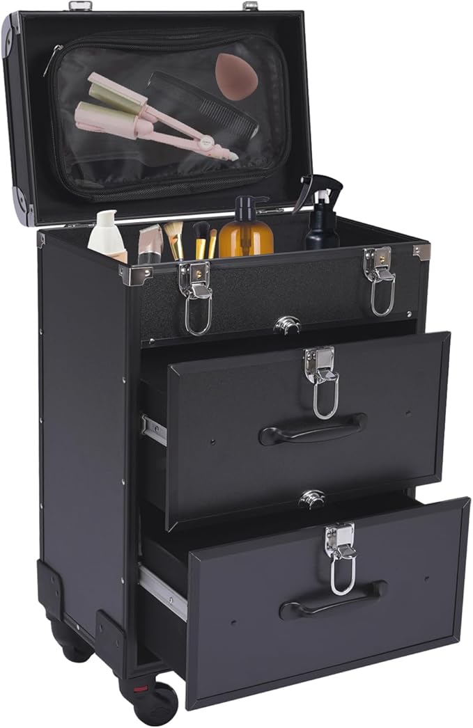 Lockable Makeup Train Case,110lbs Rolling Hairdressing Trolley,Beauty Salon Cosmetic Luggage with Universal Wheels for Hair Stylist,Make-up Artists,Hairdressers (Black 5)