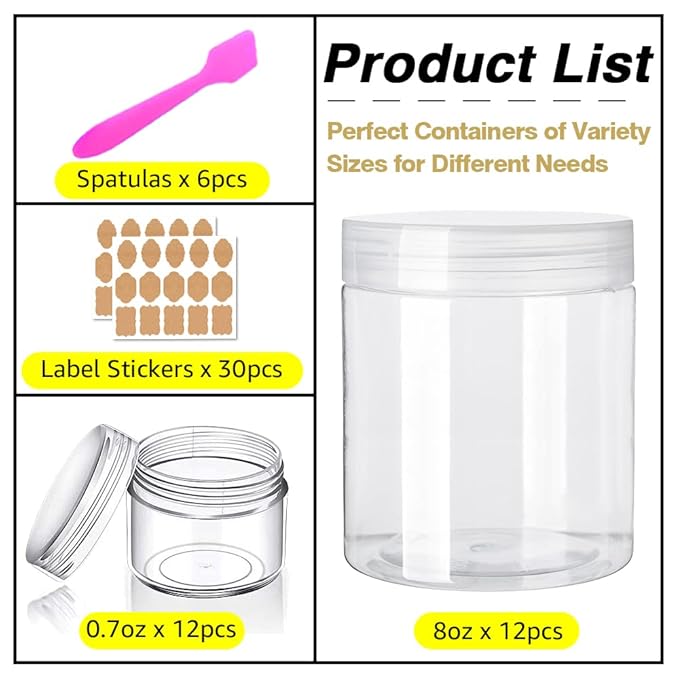 AMORIX 8oz Clear Plastic Jars with Lids 8 oz Plastic Containers with Lids + 20g Sample Containers (Set of 24) Airtight Container for Lip Scrub, Body Butters, Cream, Slime, Craft Storage