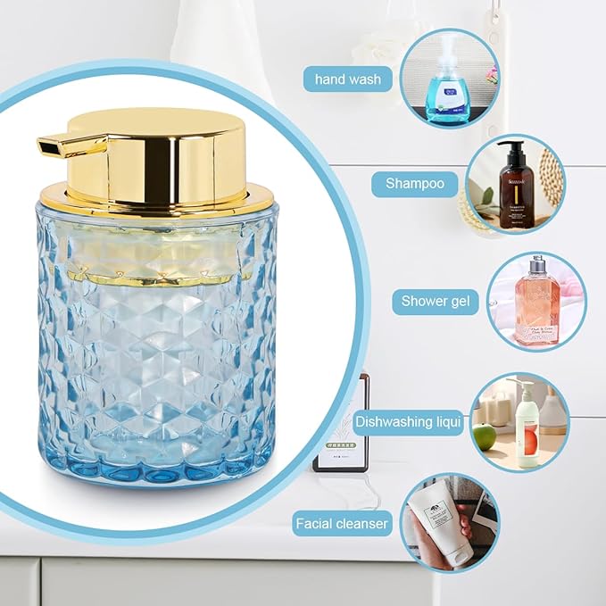 Blue Glass Foaming Soap Dispenser, Bathroom Refillable 10 Oz Foam Hand Soap Dispenser, Vintage Lotion Shampoo Container Gold Large Pump Bottle for Bathroom Countertop and Kitchen Decor