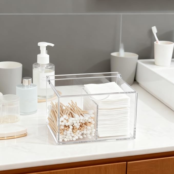 Clear Acrylic Cotton Swab Ball Holder Qtip Organizer with Lid 2-Grid Cotton Swab/Pad/Ball Holder Container Home Bathroom Vanity Countertop Decor