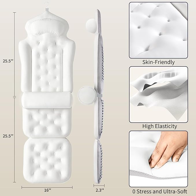 Full Body Bath Pillow for Tub, Thick Bathtub Cushion Mat with Neck, Back & Lumbar Support - Luxury Spa Bathroom Accessories, White
