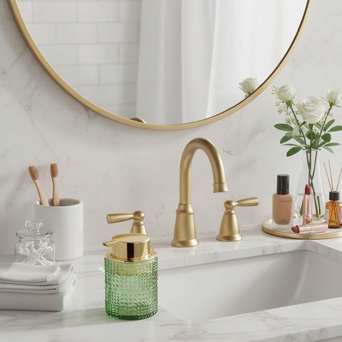 Foaming Soap Dispenser, 10 Oz Glass Foam Hand Soap Dispenser with Gold Pump, Refillable Bathroom Lotion Container Pump Bottle with Vintage Pattern, Green