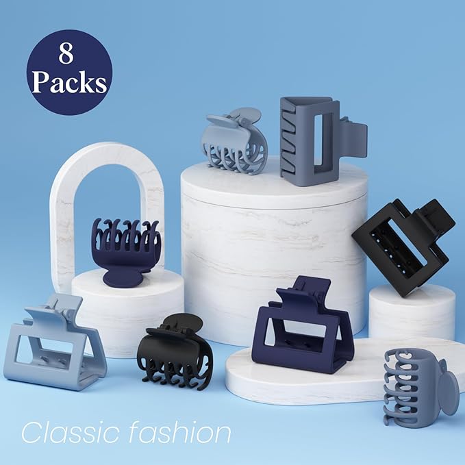 8 PCS Medium Hair Clips for Women Girls - 2 Styles Rectangle and Double Row Teeth Small Claw Clips for Thin Thick Hair, Matte Non-slip Strong Hold Jaw Clips Hair Accessories, Midnight Blue