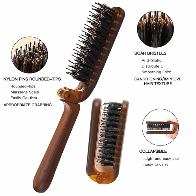 Aozzy 6Pcs Travel Folding Hair Brush With Retractable Pocket Band for Thin/Thick Hair, Boar Bristle Mini Brush for Women Any Hairstyle, Men's Hair/Beard, Great for Purse/Pocket