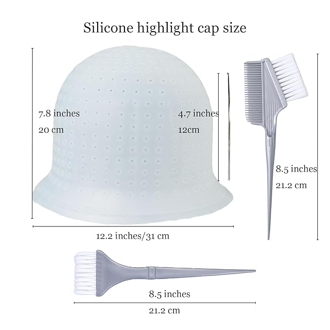 Punched Silicone Highlight Hair Cap with Needle Brushes Set Professional Reusable Highlighting Poked Hole Hooks for Salon Color Hairdressing Dyeing Staining Tools for Women Men
